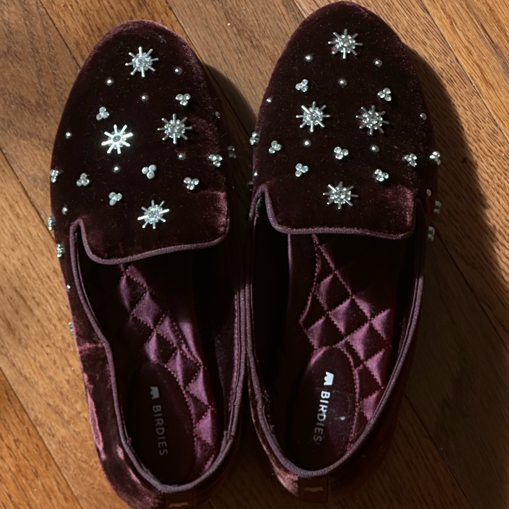 Birdies Plum Velvet Loafers with Crystal Star Embellishments